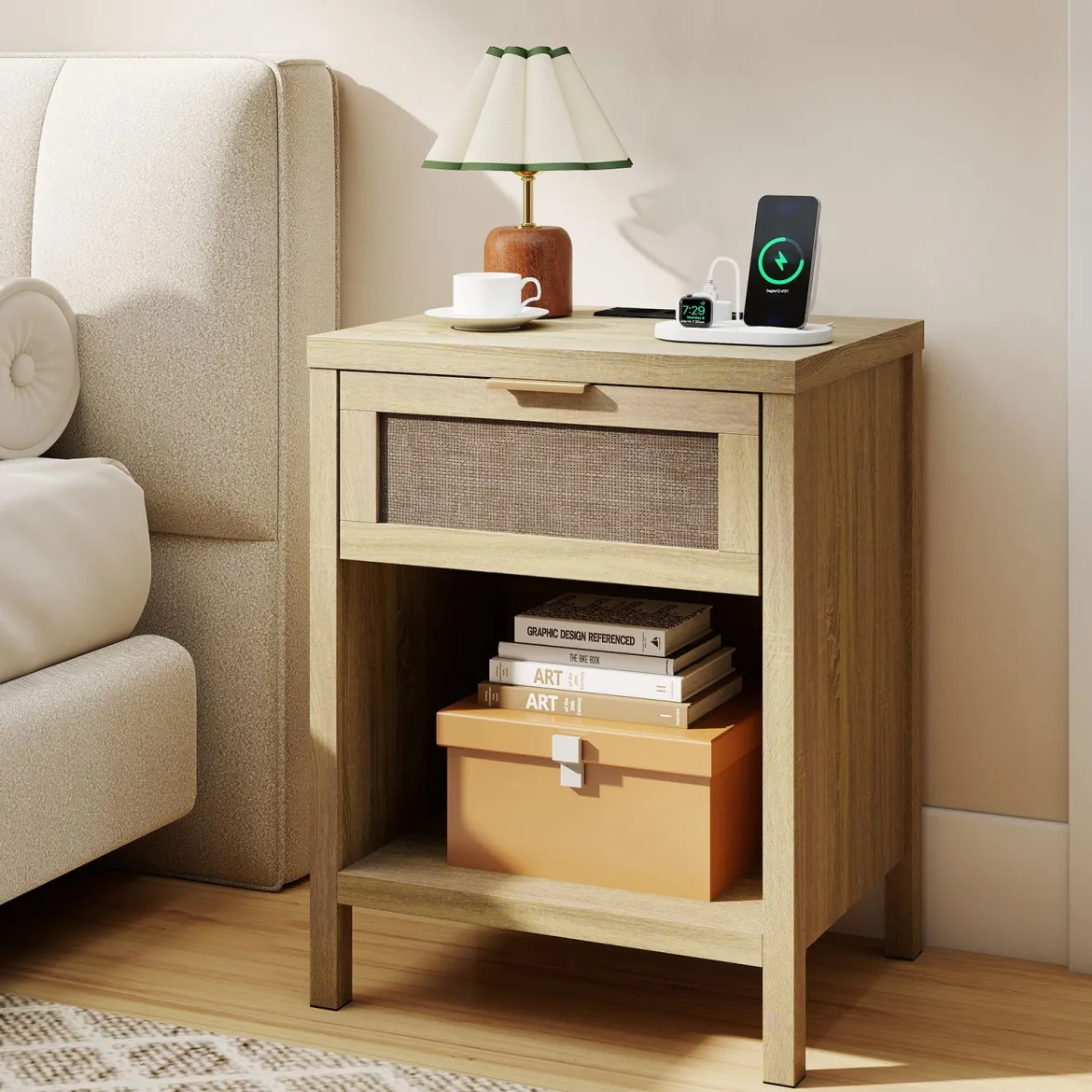 2er Set Nachttisch Holz mit Schublade Ladestation Rattanfront & Kippschutz-Set 50 x 38 x 64,5 cm Natur