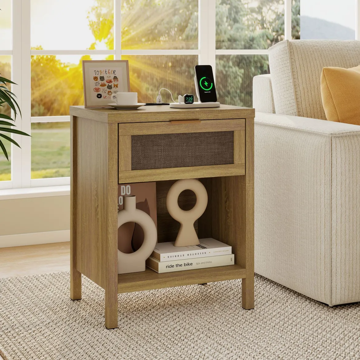 2er Set Nachttisch Holz mit Schublade Ladestation Rattanfront & Kippschutz-Set 50 x 38 x 64,5 cm Natur