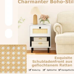 2er Set Nachttisch im Boho-Stil mit Rattan-Schublade 4 stabile Beine 2 Kippsicherungen