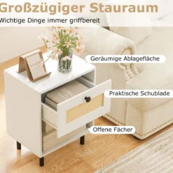 2er Set Nachttisch im Boho-Stil mit Rattan-Schublade 4 stabile Beine 2 Kippsicherungen