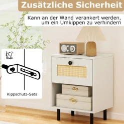 2er Set Nachttisch im Boho-Stil mit Rattan-Schublade 4 stabile Beine 2 Kippsicherungen