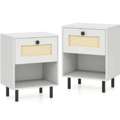 2er Set Nachttisch im Boho-Stil mit Rattan-Schublade 4 stabile Beine 2 Kippsicherungen