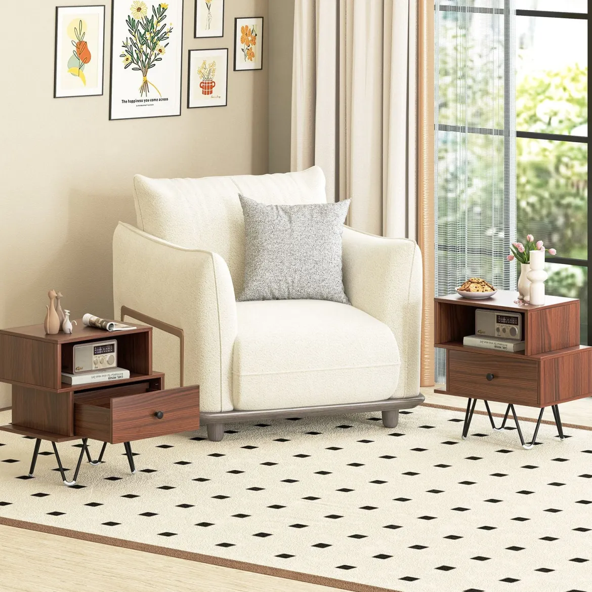 2er Set Nachttisch mit Abnehmbarer Schublade & Offenem Fach Mid-Century Sofatisch Braun