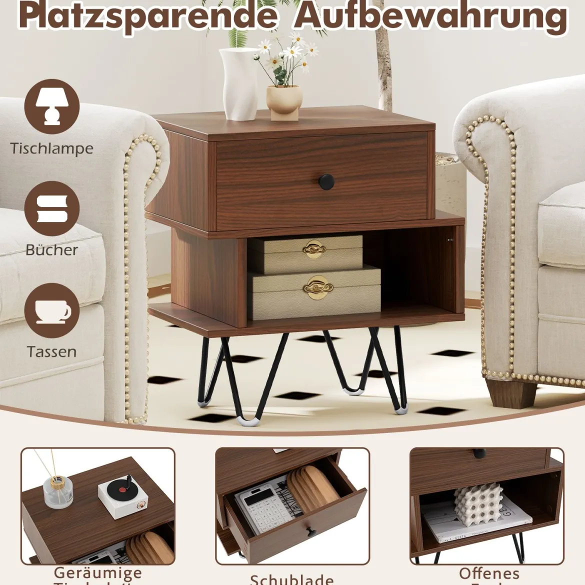 2er Set Nachttisch mit Abnehmbarer Schublade & Offenem Fach Mid-Century Sofatisch Braun
