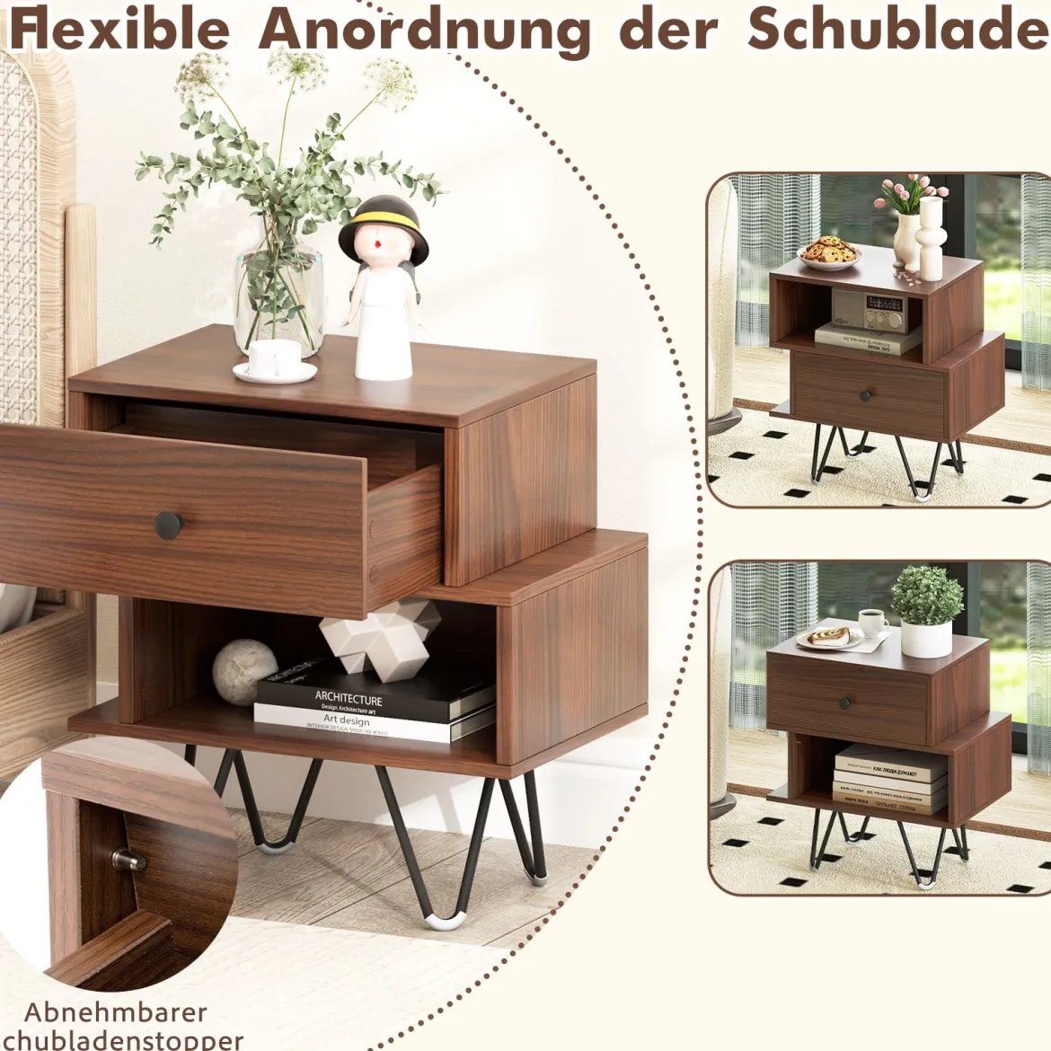 2er Set Nachttisch mit Abnehmbarer Schublade & Offenem Fach Mid-Century Sofatisch Braun