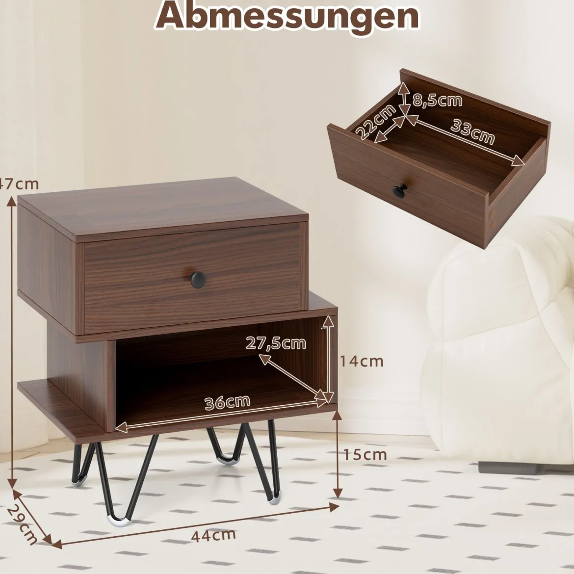2er Set Nachttisch mit Abnehmbarer Schublade & Offenem Fach Mid-Century Sofatisch Braun