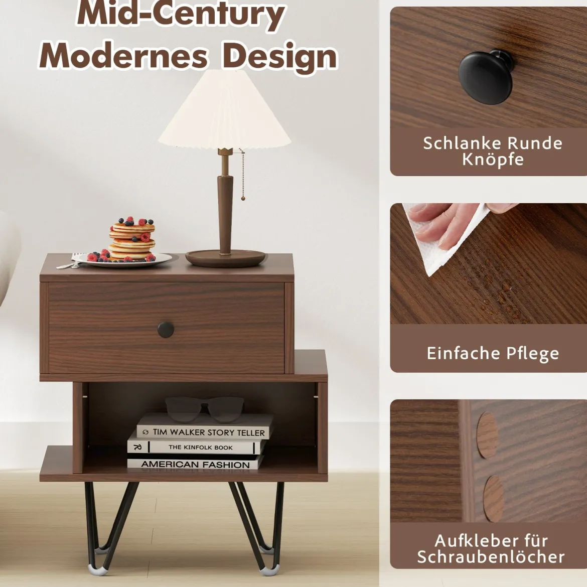 2er Set Nachttisch mit Abnehmbarer Schublade & Offenem Fach Mid-Century Sofatisch Braun