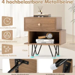 2er Set Nachttisch mit Abnehmbarer Schublade & Offenem Fach Mid-Century Modern Sofatisch