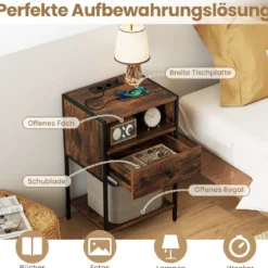 2er Set Nachttisch mit Ladestation Industrial Beistelltisch mit Offenem Fach Schublade & Ablage Rustikales Braun