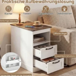 2er Set Nachttisch mit Ladestation Schmaler Beistelltisch mit Ablagefach & 2 Schubladen Weiß