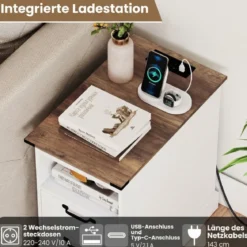 2er Set Nachttisch mit Ladestation Schmaler Beistelltisch mit Ablagefach & 2 Schubladen Weiß