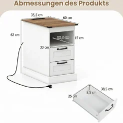 2er Set Nachttisch mit Ladestation Schmaler Beistelltisch mit Ablagefach & 2 Schubladen Weiß