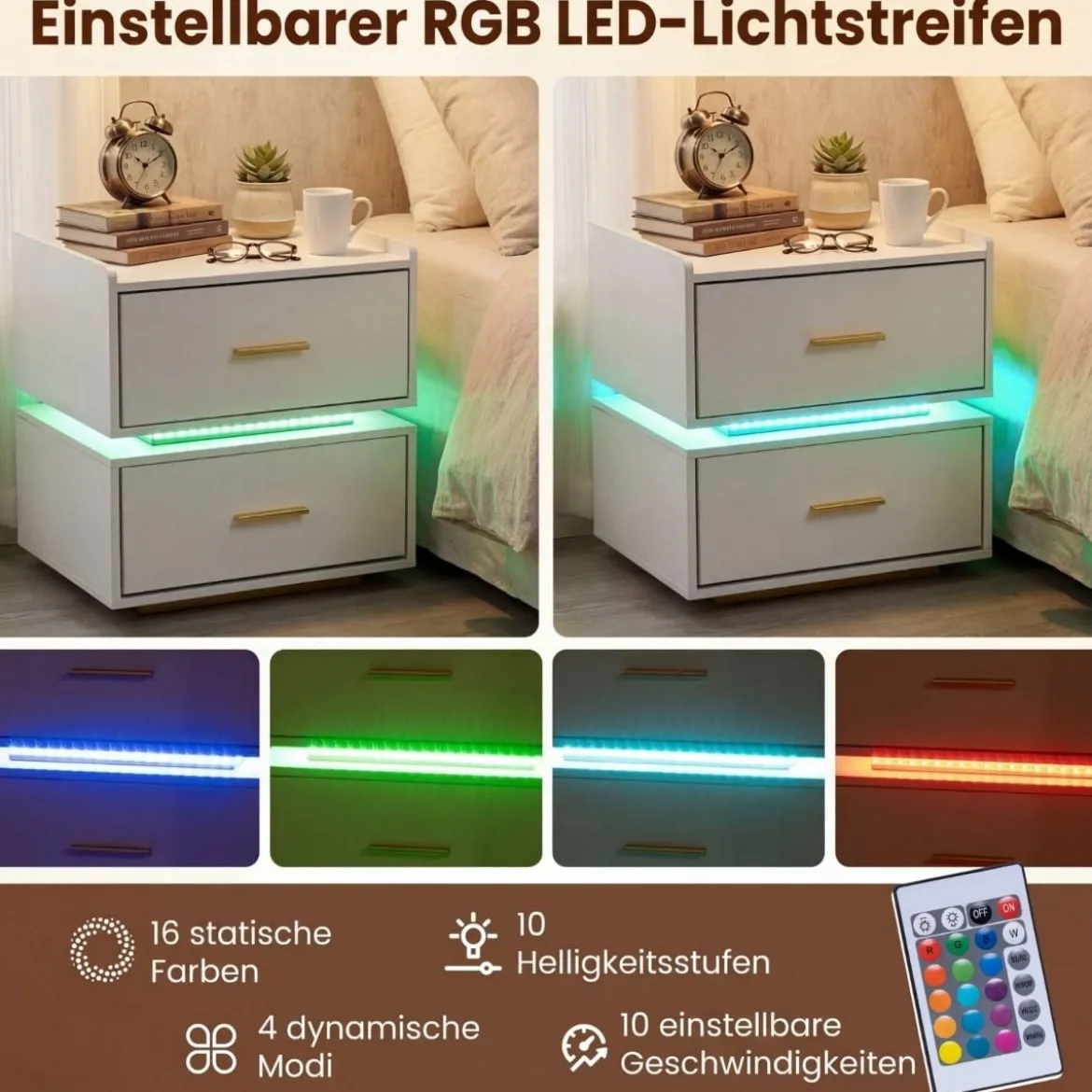 2er Set Nachttisch mit Ladestation LED 2 Schubladen Modern halb-schwebend Weiß