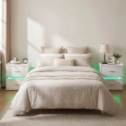 2er Set Nachttisch mit Ladestation LED 2 Schubladen Modern halb-schwebend Weiß