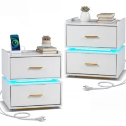 2er Set Nachttisch mit Ladestation LED 2 Schubladen Modern halb-schwebend Weiß