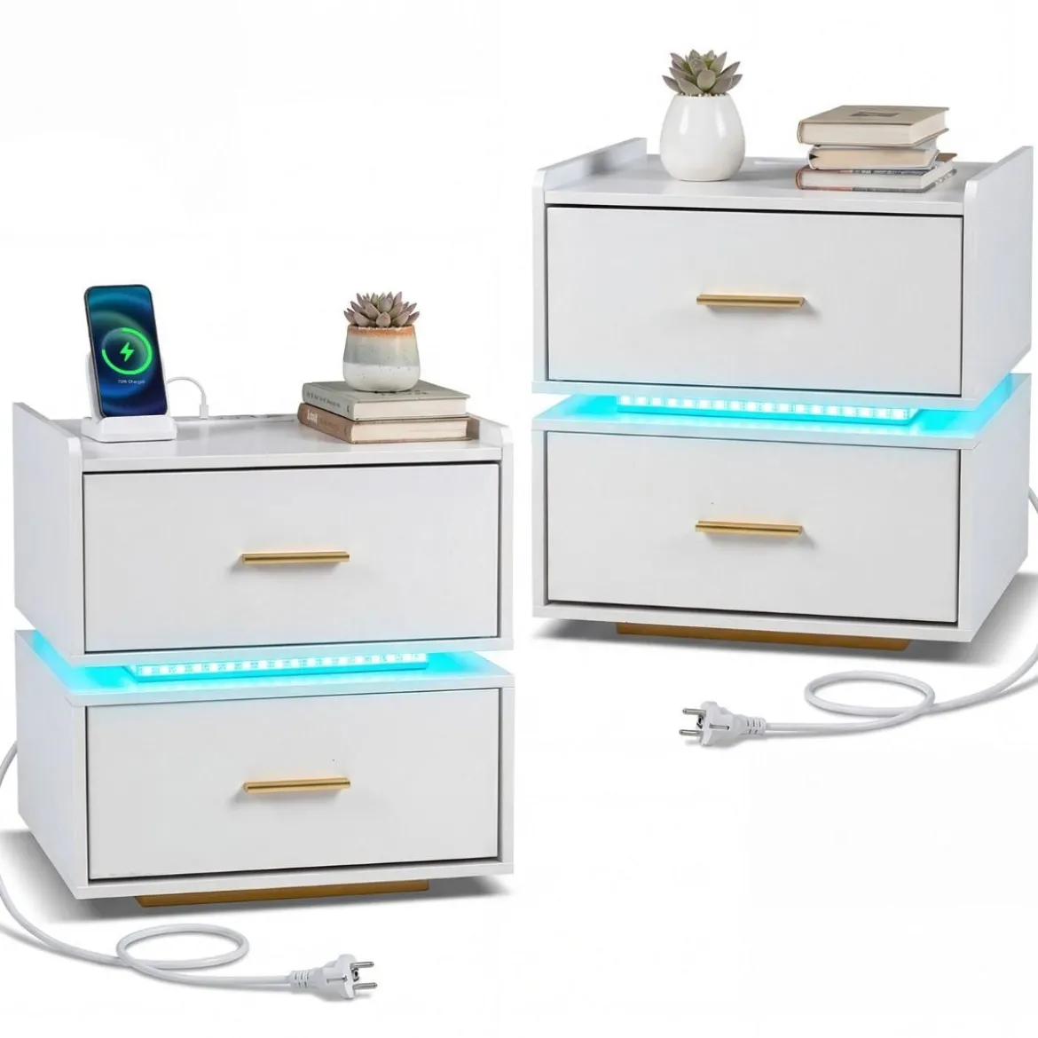 2er Set Nachttisch mit Ladestation LED 2 Schubladen Modern halb-schwebend Weiß
