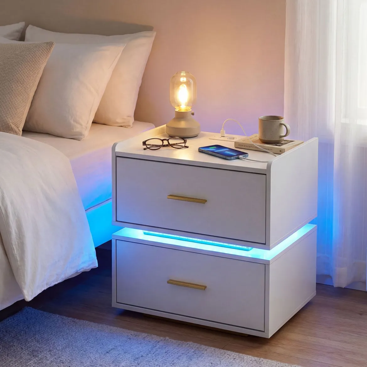 2er Set Nachttisch mit Ladestation LED 2 Schubladen Modern halb-schwebend Weiß