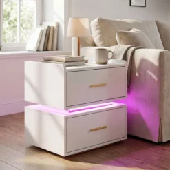 2er Set Nachttisch mit Ladestation LED 2 Schubladen Modern halb-schwebend Weiß