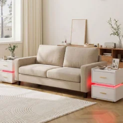 2er Set Nachttisch mit Ladestation LED 2 Schubladen Modern halb-schwebend Weiß