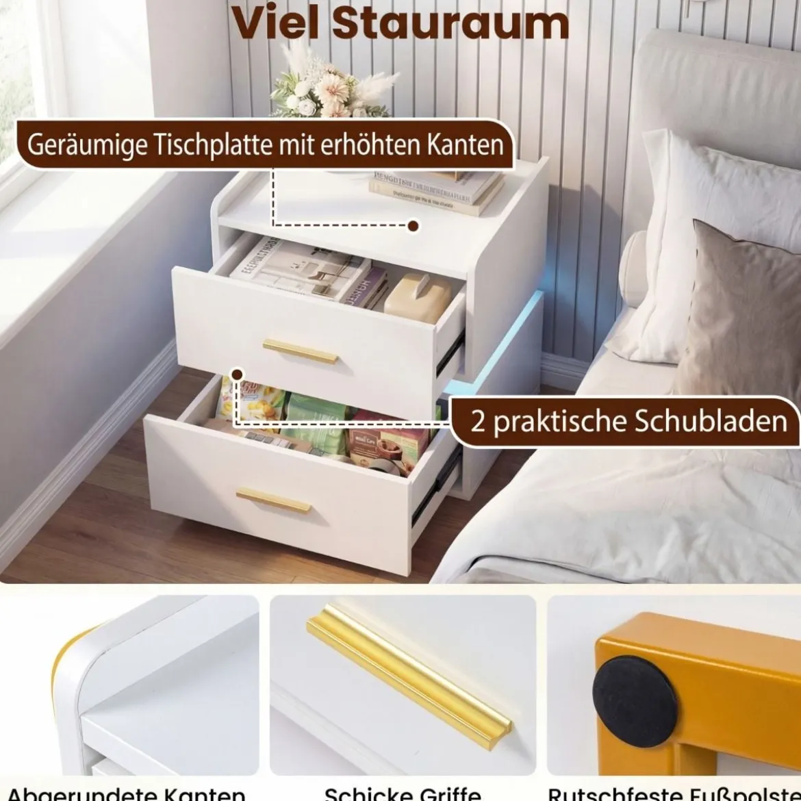 2er Set Nachttisch mit Ladestation LED 2 Schubladen Modern halb-schwebend Weiß