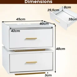 2er Set Nachttisch mit Ladestation LED 2 Schubladen Modern halb-schwebend Weiß