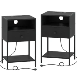 2er Set Nachttisch mit Ladestation Industrial Beistelltisch mit Offenem Fach Schublade & Ablage Schwarz
