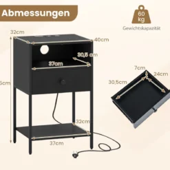 2er Set Nachttisch mit Ladestation Industrial Beistelltisch mit Offenem Fach Schublade & Ablage Schwarz