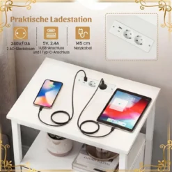 2er Set Nachttisch mit Ladestation Beistelltisch mit Stoffschublade & Ablagefächern Weiß