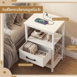 2er Set Nachttisch mit Ladestation Beistelltisch mit Stoffschublade & Ablagefächern Weiß