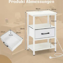 2er Set Nachttisch mit Ladestation Beistelltisch mit Stoffschublade & Ablagefächern Weiß