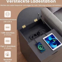 2er Set Nachttisch mit Ladestation Beistelltisch mit Verstellbarem Regal Holz Nachtschrank Schwarz