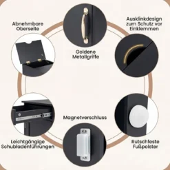 2er Set Nachttisch mit Ladestation Beistelltisch mit Verstellbarem Regal Holz Nachtschrank Schwarz