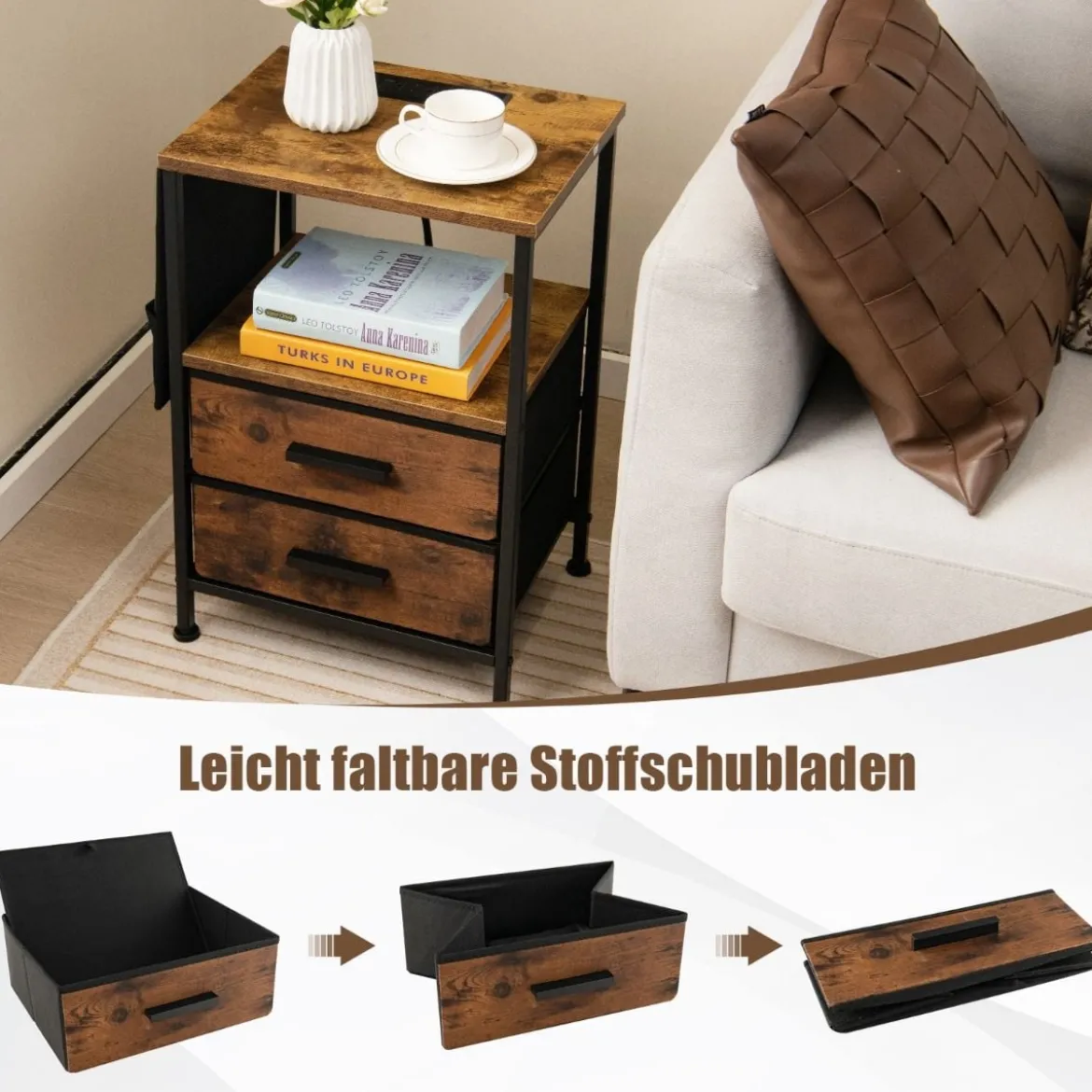 2er Set Nachttisch mit Ladestation & 2 Schubladen & 6 Seitentaschen Industrieller Beistelltisch Braun