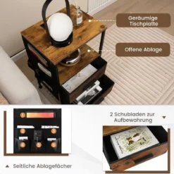 2er Set Nachttisch mit Ladestation & 2 Schubladen & 6 Seitentaschen Industrieller Beistelltisch Braun