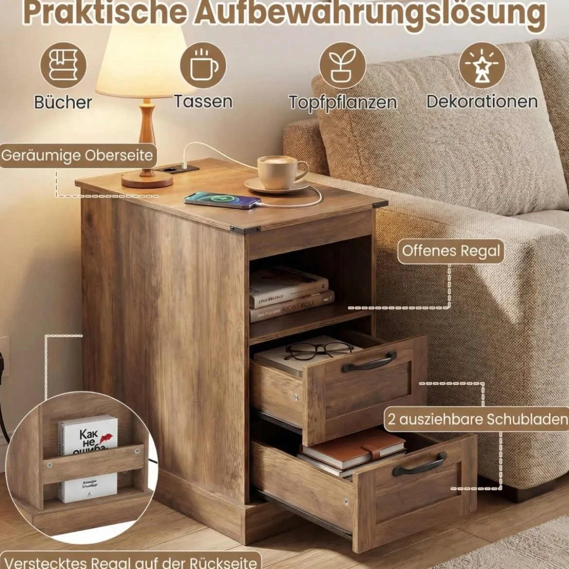2er Set Nachttisch mit Ladestation Schmaler Beistelltisch mit Ablagefach & 2 Schubladen Braun
