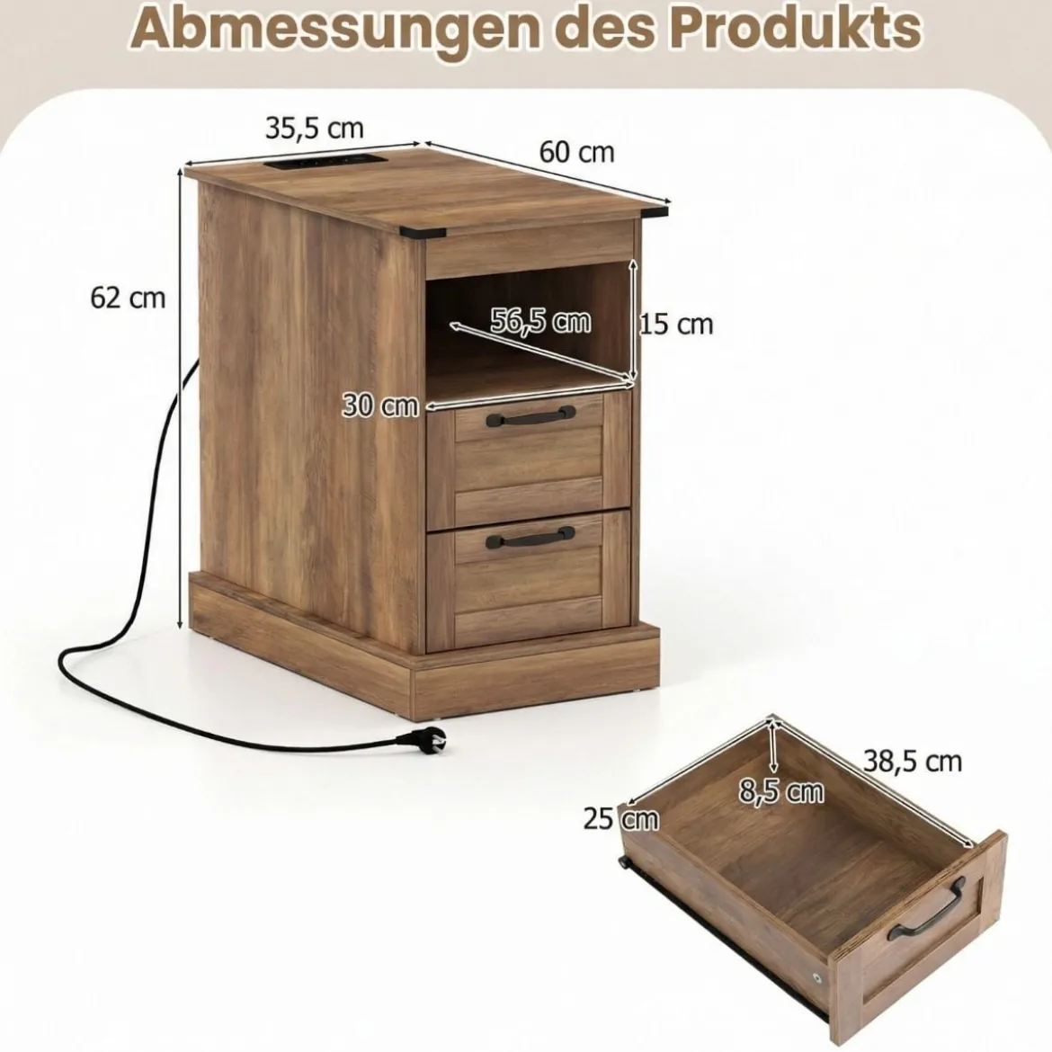 2er Set Nachttisch mit Ladestation Schmaler Beistelltisch mit Ablagefach & 2 Schubladen Braun