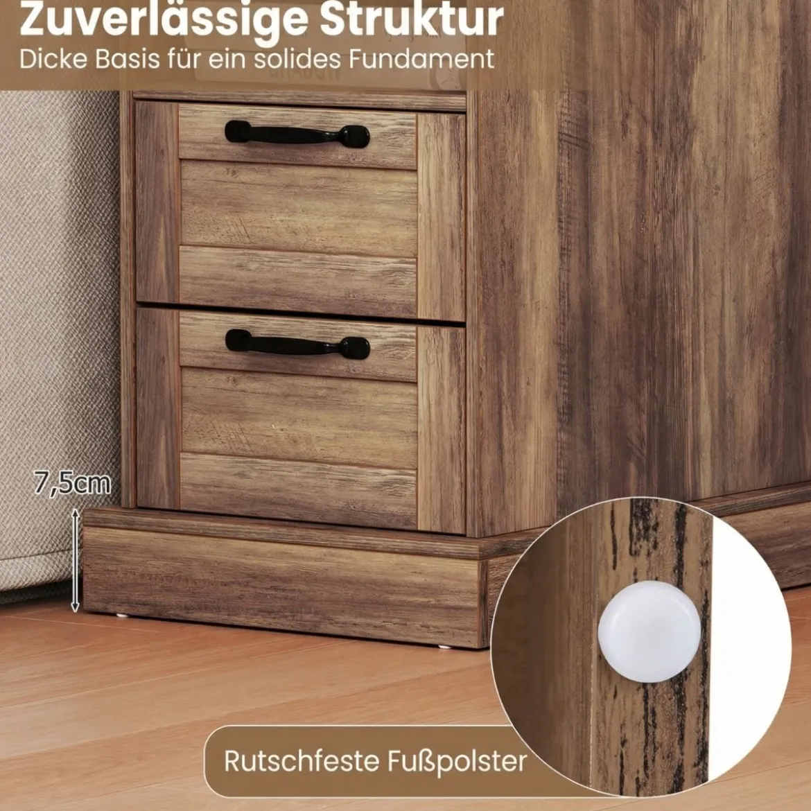 2er Set Nachttisch mit Ladestation Schmaler Beistelltisch mit Ablagefach & 2 Schubladen Braun
