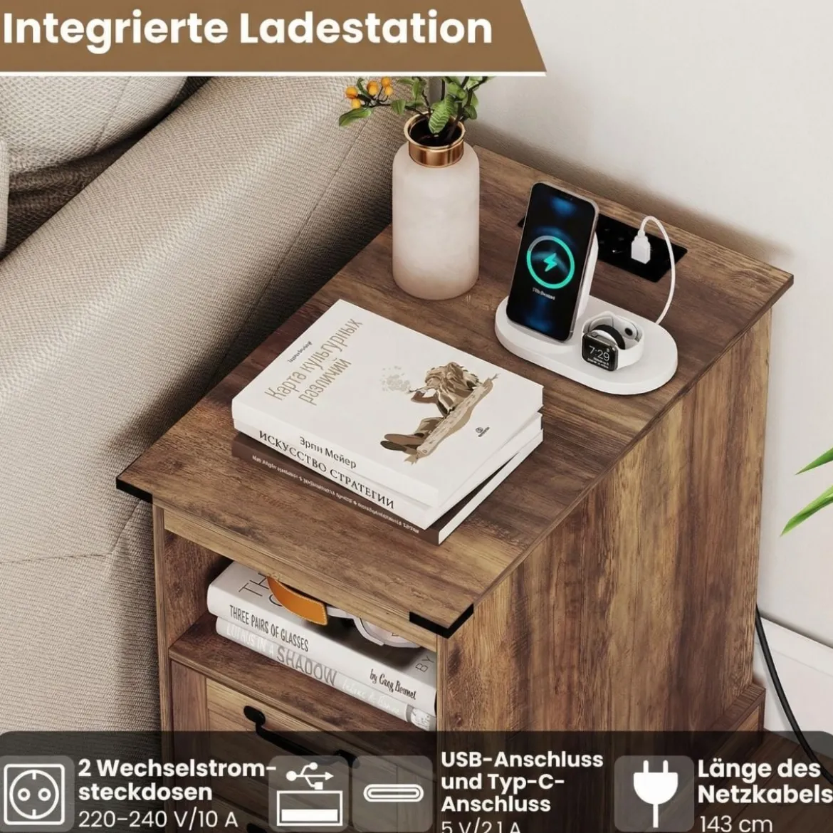 2er Set Nachttisch mit Ladestation Schmaler Beistelltisch mit Ablagefach & 2 Schubladen Braun