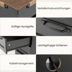 2er Set Nachttisch mit Ladestation Schmaler Beistelltisch mit Ablagefach & 2 Schubladen Schwarz