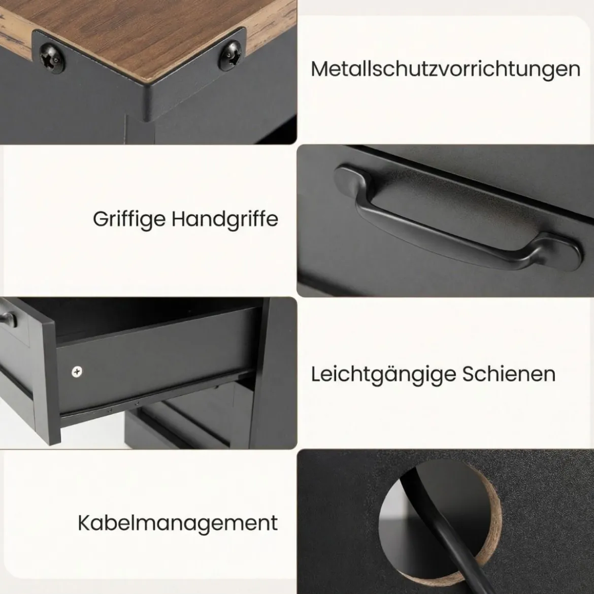 2er Set Nachttisch mit Ladestation Schmaler Beistelltisch mit Ablagefach & 2 Schubladen Schwarz