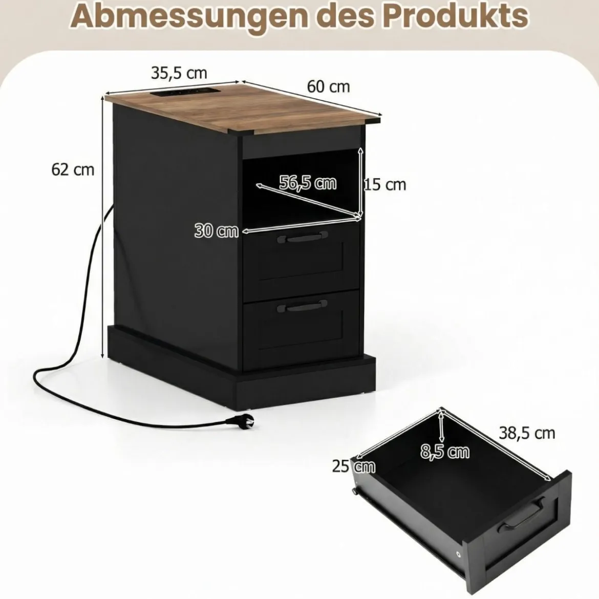 2er Set Nachttisch mit Ladestation Schmaler Beistelltisch mit Ablagefach & 2 Schubladen Schwarz