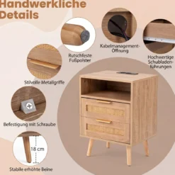 2er Set Nachttisch mit Ladestation (nur 1 Nachttisch mit Ladestation) & LED-Leuchten mit 2 Schubladen Natur