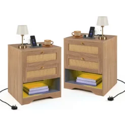 2er Set Nachttisch mit LED-Lichtern und Ladestation Beistelltisch Ratten mit Offenem Fach