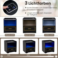 2er Set Nachttisch mit LED Licht USB-Anschluss und Typ-C-Ladestation Nachtschrank mit Bewegungssensor Schwarz