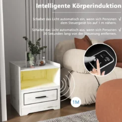 2er Set Nachttisch mit LED Licht USB-Anschluss und Typ-C-Ladestation Nachtschrank mit Bewegungssensor Weiß