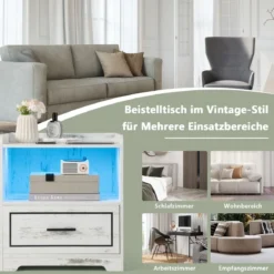 2er Set Nachttisch mit LED Licht USB-Anschluss und Typ-C-Ladestation Nachtschrank mit Bewegungssensor Weiß