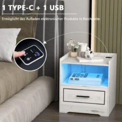 2er Set Nachttisch mit LED Licht USB-Anschluss und Typ-C-Ladestation Nachtschrank mit Bewegungssensor Weiß