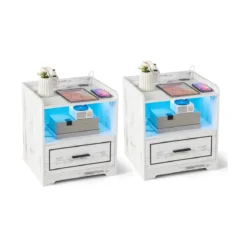2er Set Nachttisch mit LED Licht USB-Anschluss und Typ-C-Ladestation Nachtschrank mit Bewegungssensor Weiß