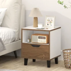 1/2er Set Nachttisch mit Offenem Fach & Schublade Kleiner Beistelltisch Sofatisch