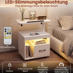 2er Set Nachttisch mit Rollen LED Nachtschrank mit Neigbarer Tischplatte Ladestation & Steckdosen Weiß